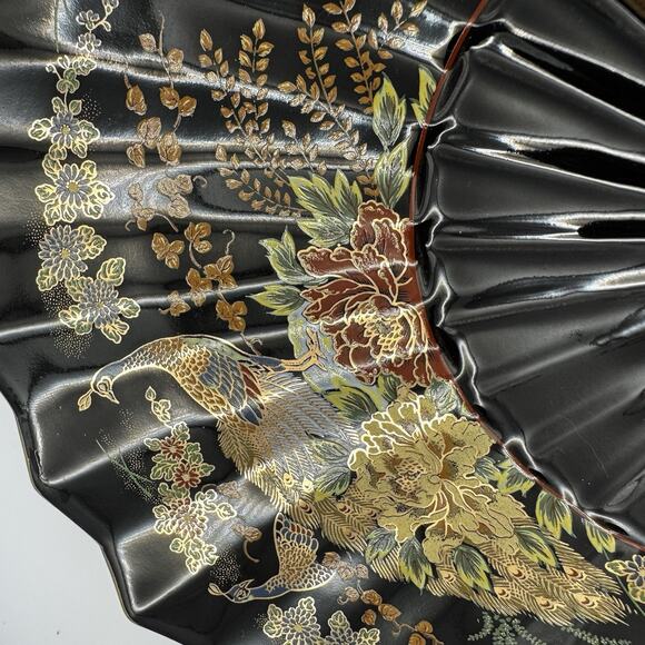 Vintage Fan Peacock And Floral Trinket Dish Japan black gold trim - Picture 5 of 7